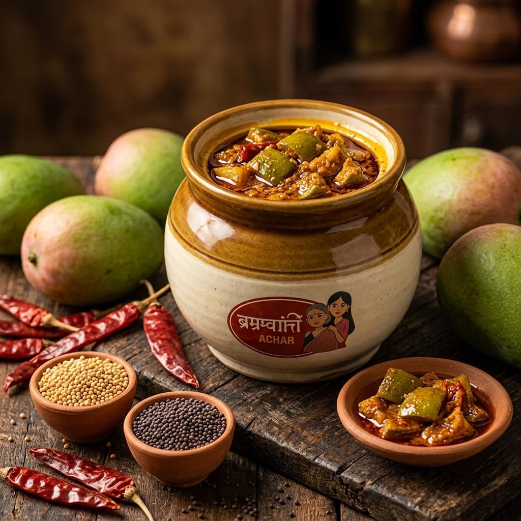 Traditional mango achar in a ceramic barnie jar with fresh green mangoes and whole spices