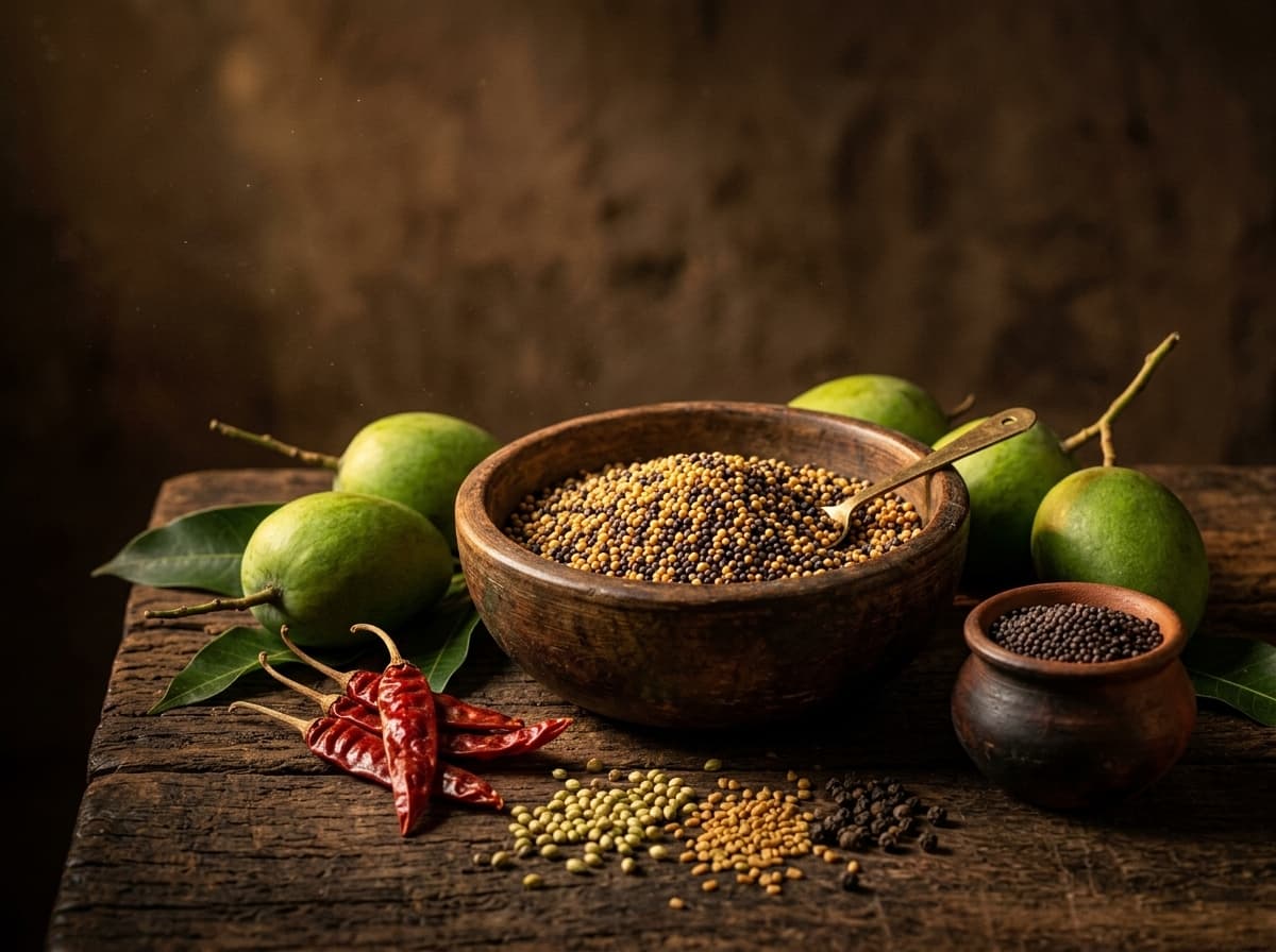 Handcrafted rustic wooden bowl filled with yellow mustard seeds, raw green mangoes, and sun-dried chillies
